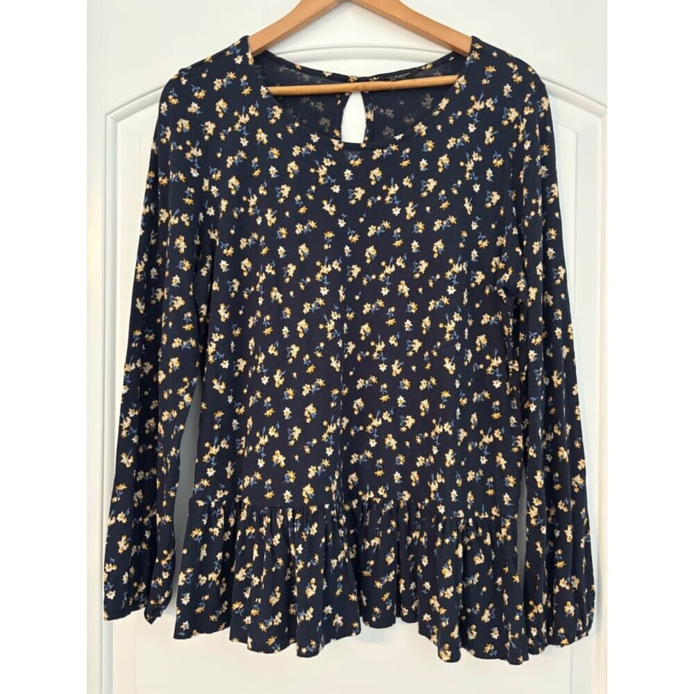 Lucky Brand Navy Ditsy Floral Peplum Top – Long Sleeve Keyhole Back Knit Blouse